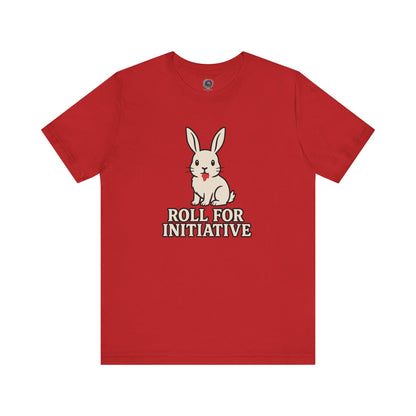 Roll for Initiative T-Shirt – Killer Bunny Humor Gaming Tee in classic red, a striking choice for tabletop roleplay enthusiasts