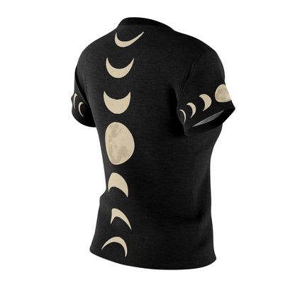 Back view of the Moon Phases T-Shirt – Pagan Moons Shirt for Mystical Night Style, showing large lunar phase design cascading down the spine in soft cream against black all-over-print fabric