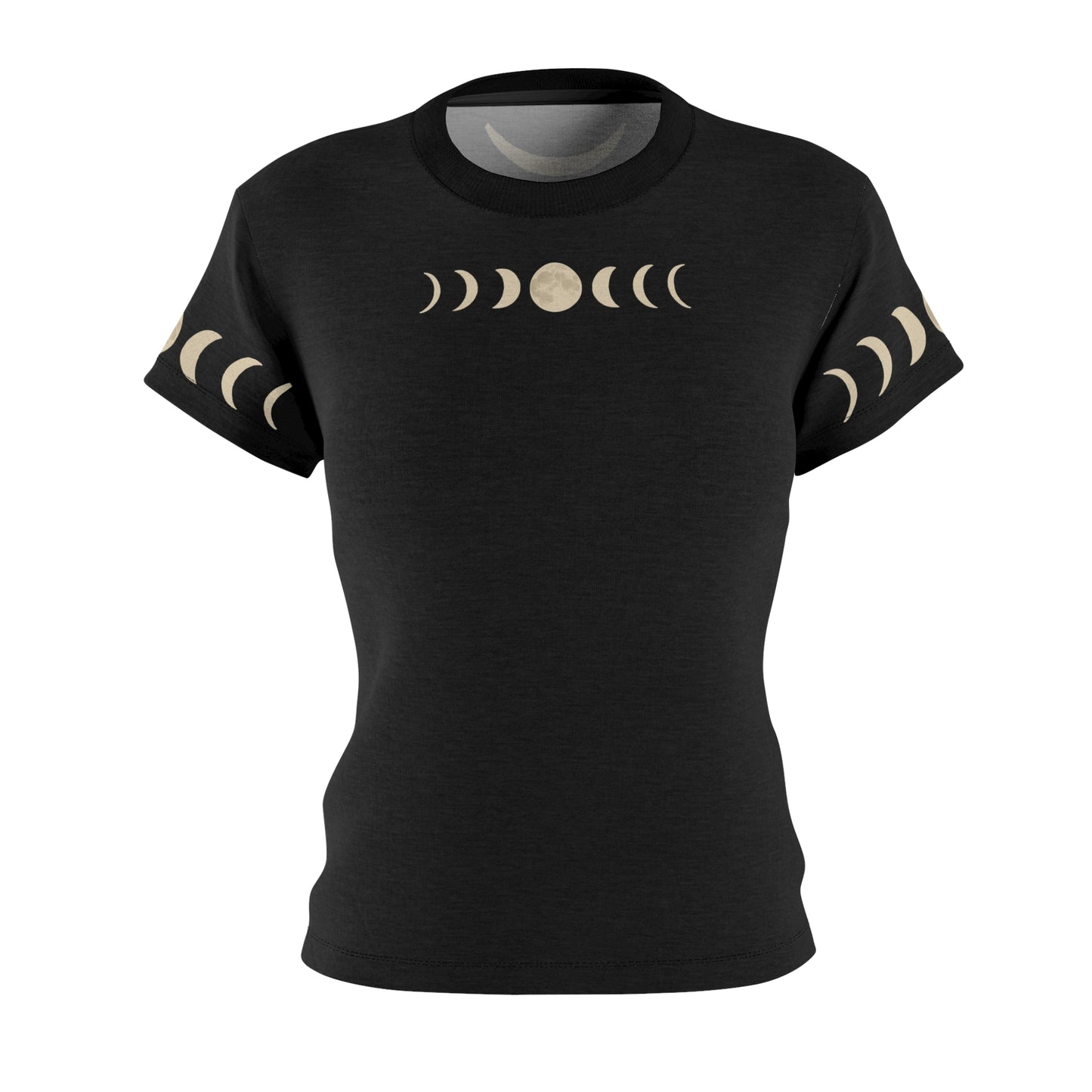 Front view of the Moon Phases T-Shirt – Pagan Moons Shirt for Mystical Night Style, with subtle horizontal moon phase graphic beneath the collar and matching sleeve designs on soft black all-over-print fabric