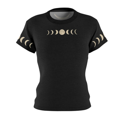 Front view of the Moon Phases T-Shirt – Pagan Moons Shirt for Mystical Night Style, with subtle horizontal moon phase graphic beneath the collar and matching sleeve designs on soft black all-over-print fabric