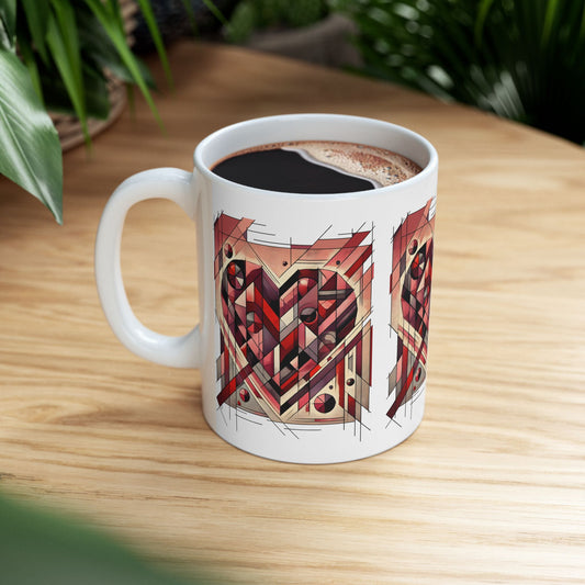 Cubist Heart Mug – Modern Art Valentine's Day Ceramic Coffee Cup (11oz/15oz) styled on a wooden table with fresh coffee, featuring a bold cubist heart design inspired by modern art and abstract Valentine aesthetics.