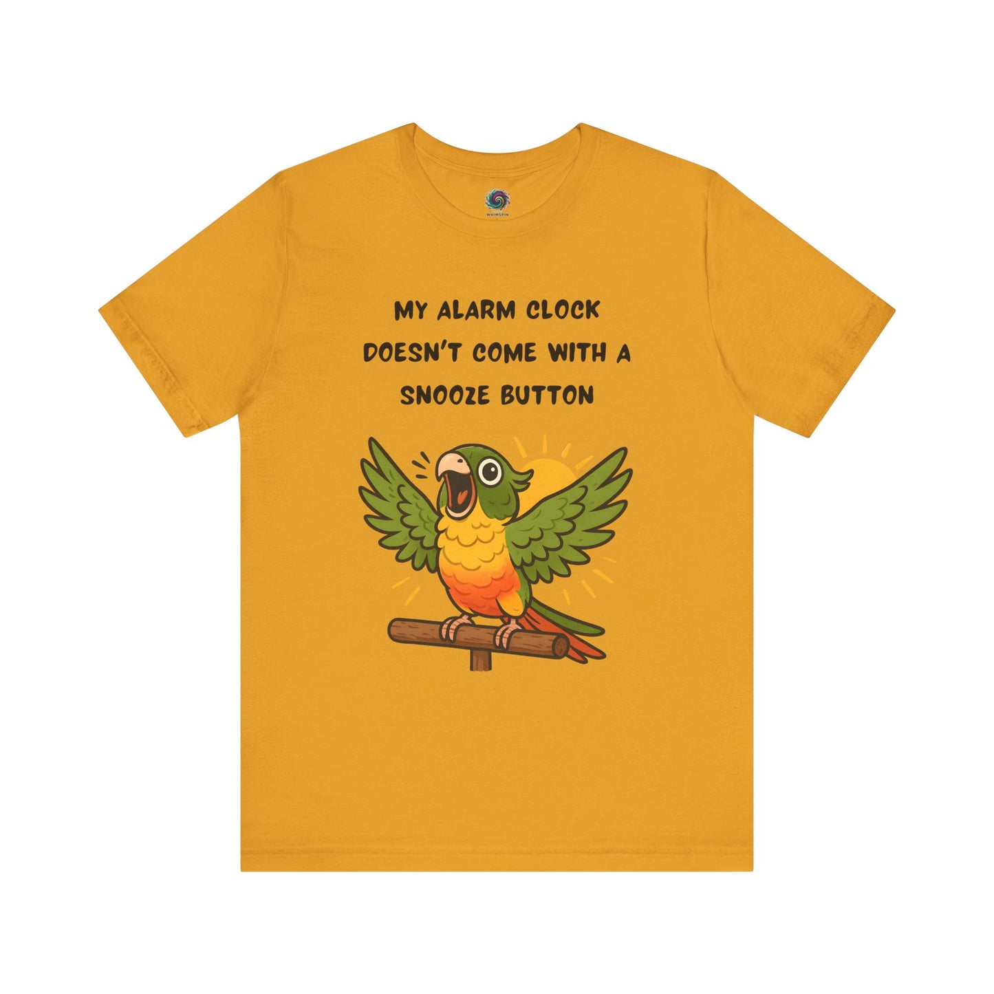 Parrot Alarm Clock T-Shirt – Funny Parrot Wake-Up Call Tee in Mustard, showcasing the loud cartoon parrot artwork and humorous wake-up call wording displayed vividly on the tee.