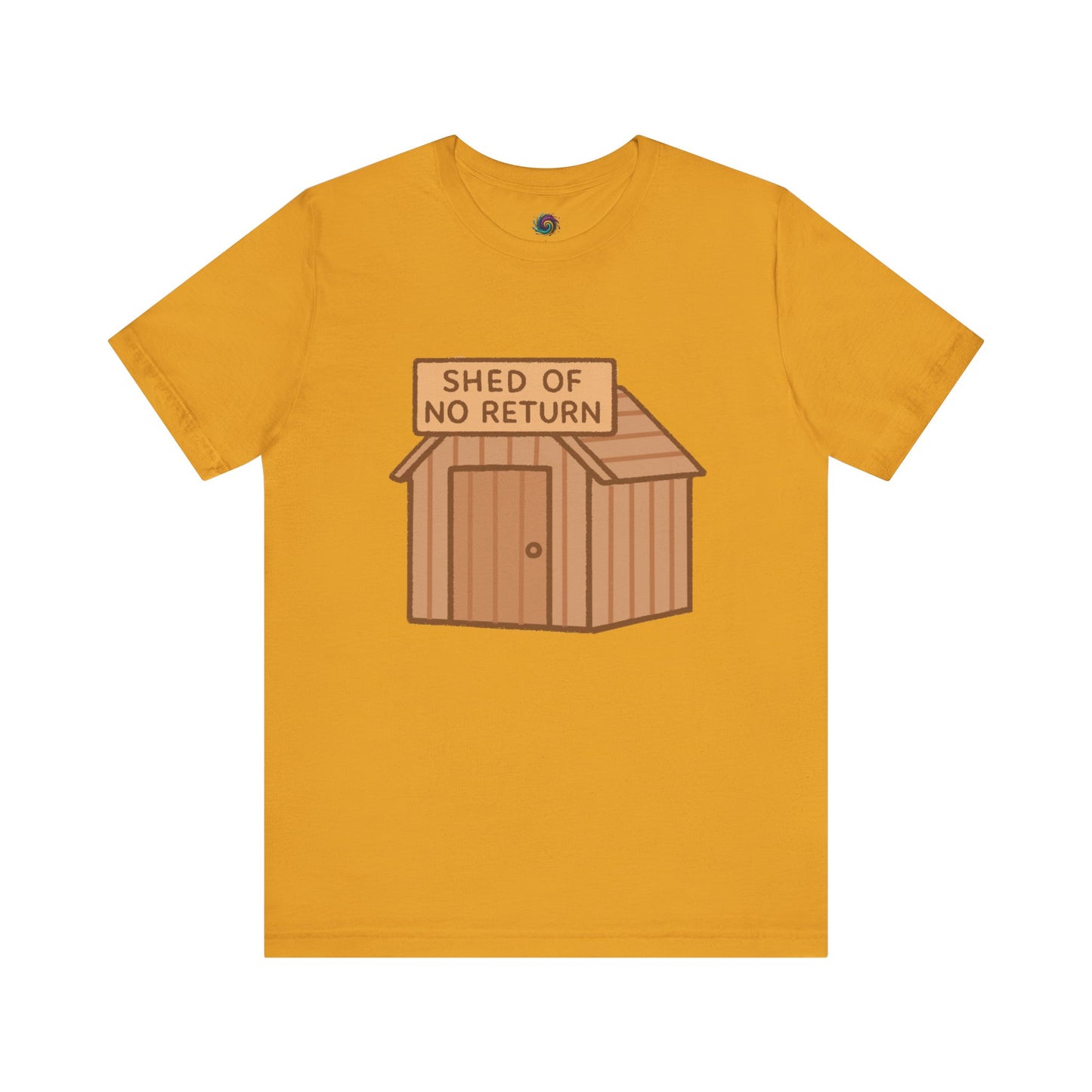 Mustard Yellow Shed of No Returns T shirt from Whimspin lay-flat image on a white background