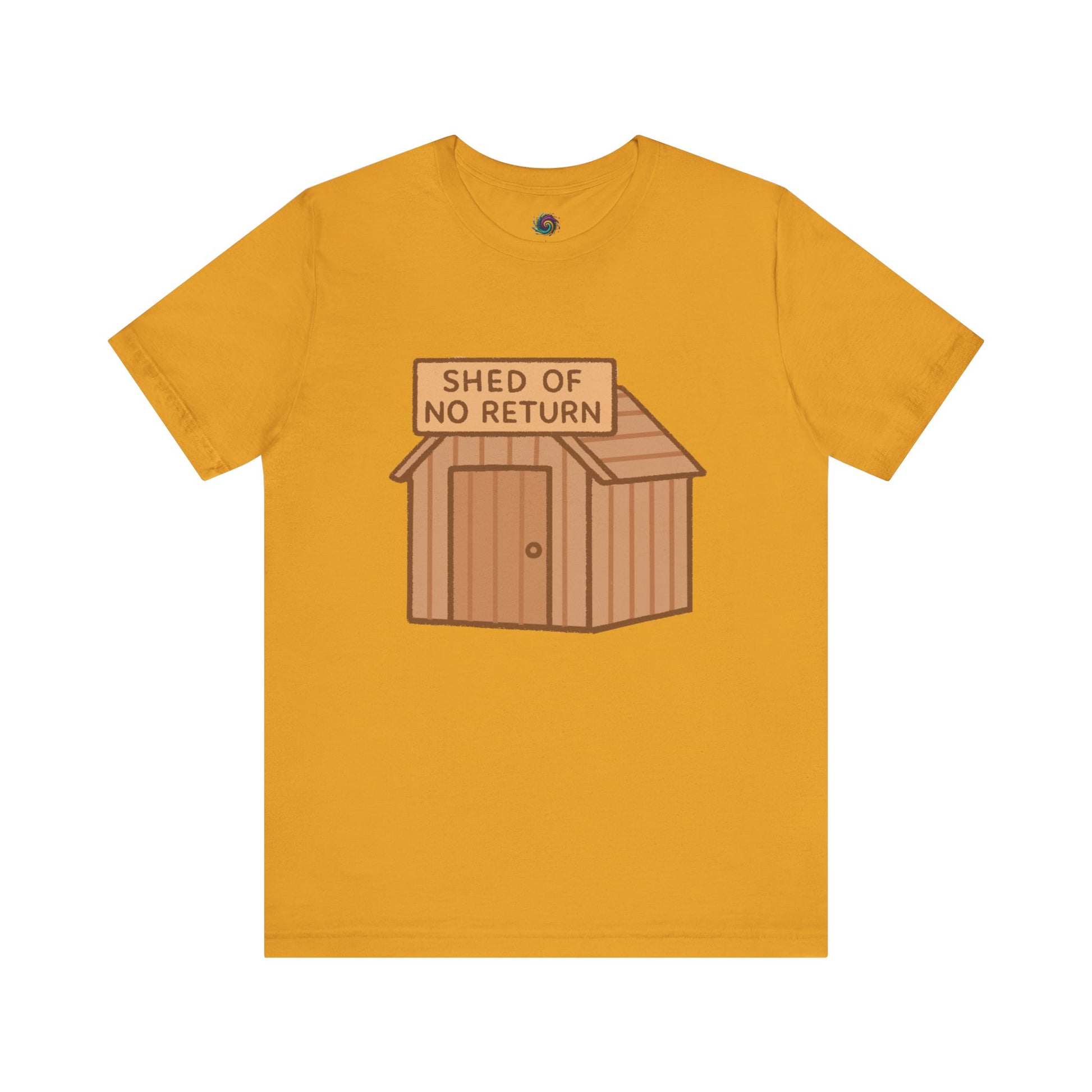 Mustard Yellow Shed of No Returns T shirt from Whimspin lay-flat image on a white background