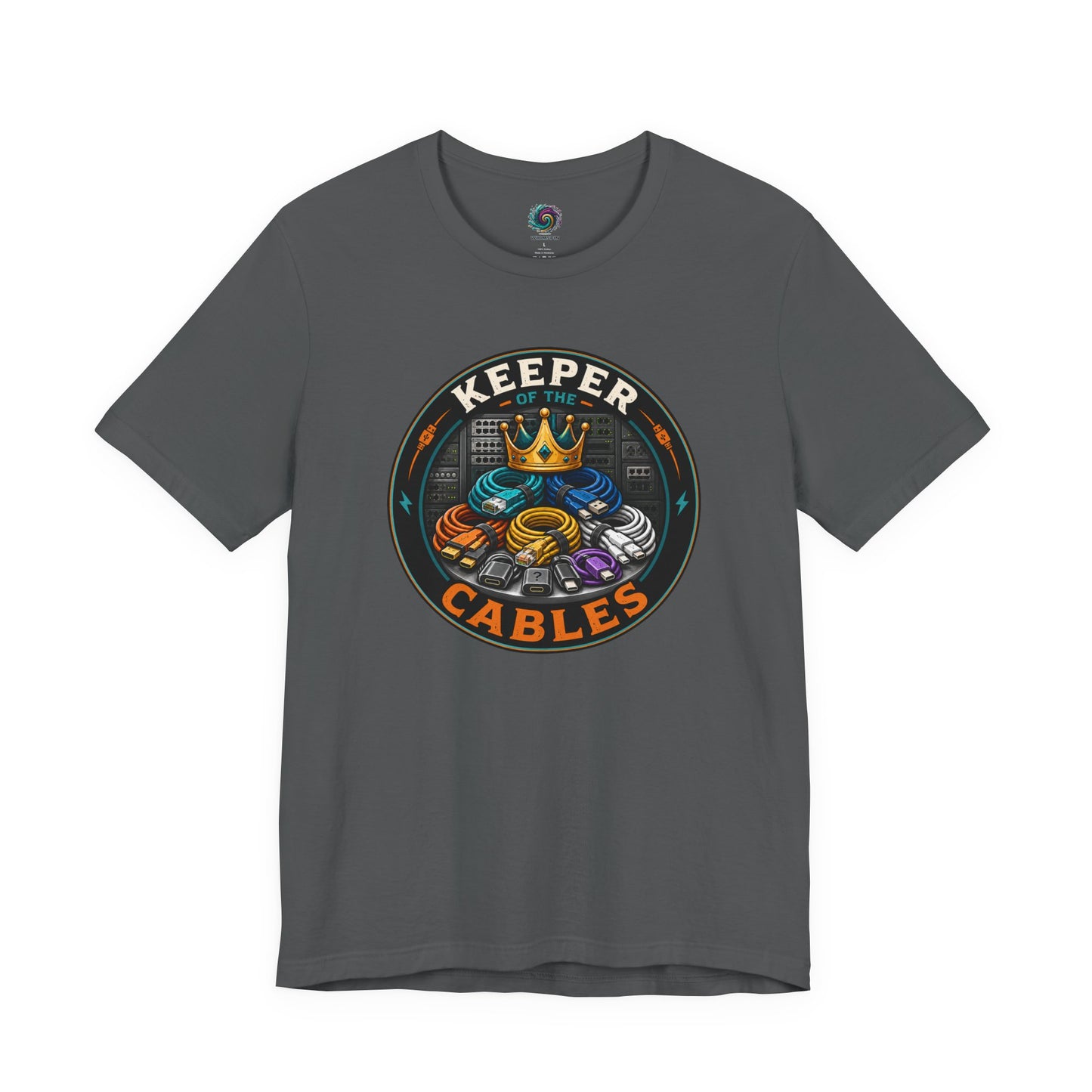 Keeper of the Cables T-Shirt – Funny Tech Dad Cable Tee on asphalt with a funny tech dad design for old chargers and forgotten cords.