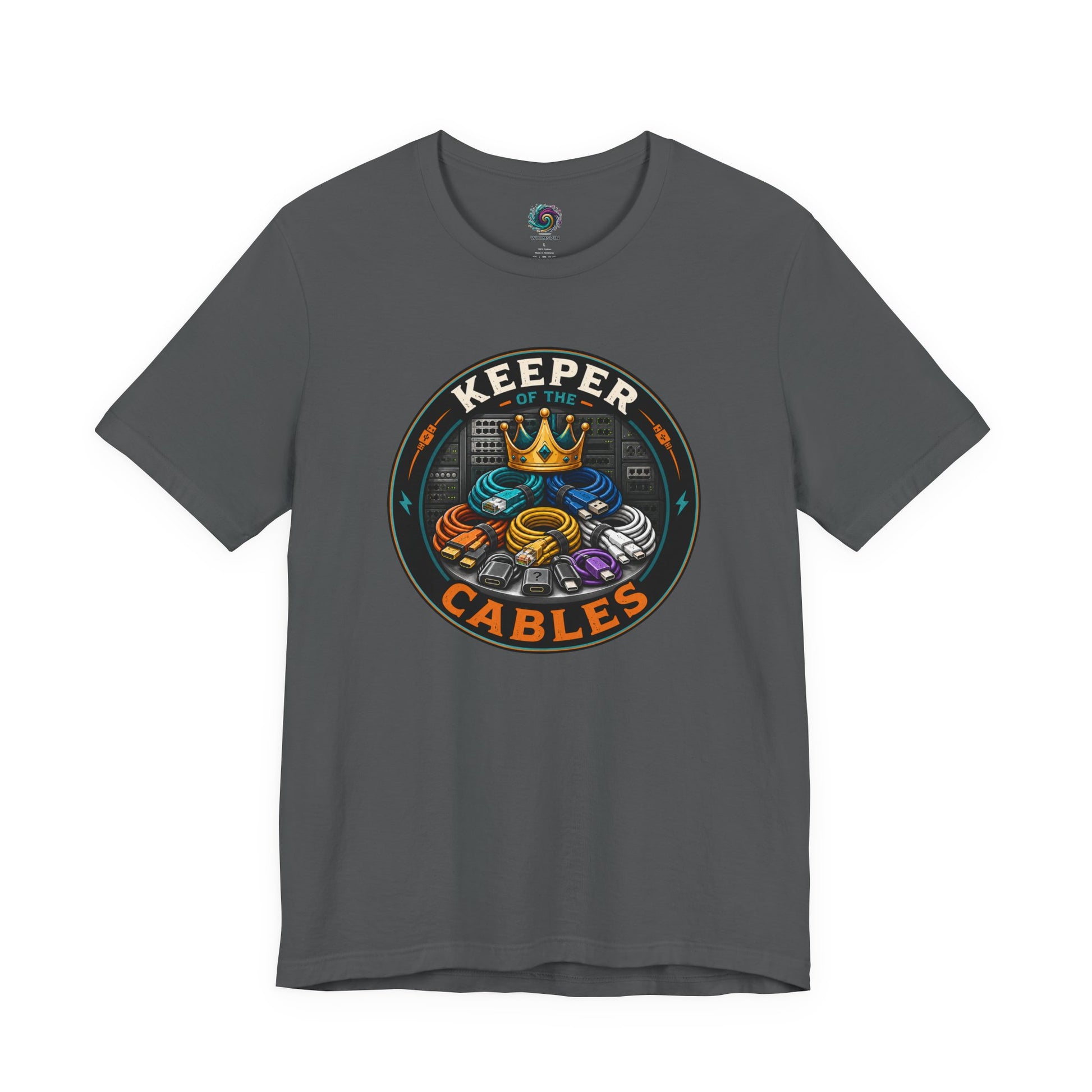 Keeper of the Cables T-Shirt – Funny Tech Dad Cable Tee on asphalt with a funny tech dad design for old chargers and forgotten cords.