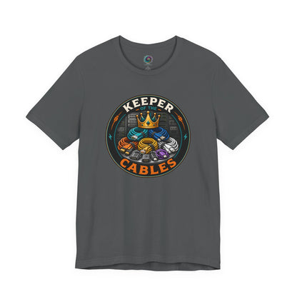 Keeper of the Cables T-Shirt – Funny Tech Dad Cable Tee on asphalt with a funny tech dad design for old chargers and forgotten cords.