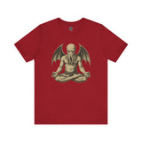 Meditating Cthulhu Shirt – Unisex Mythos Tee for Sci-Fi & Festival Fansin red, bold and eye-catching with its zen-inspired elder god graphic.