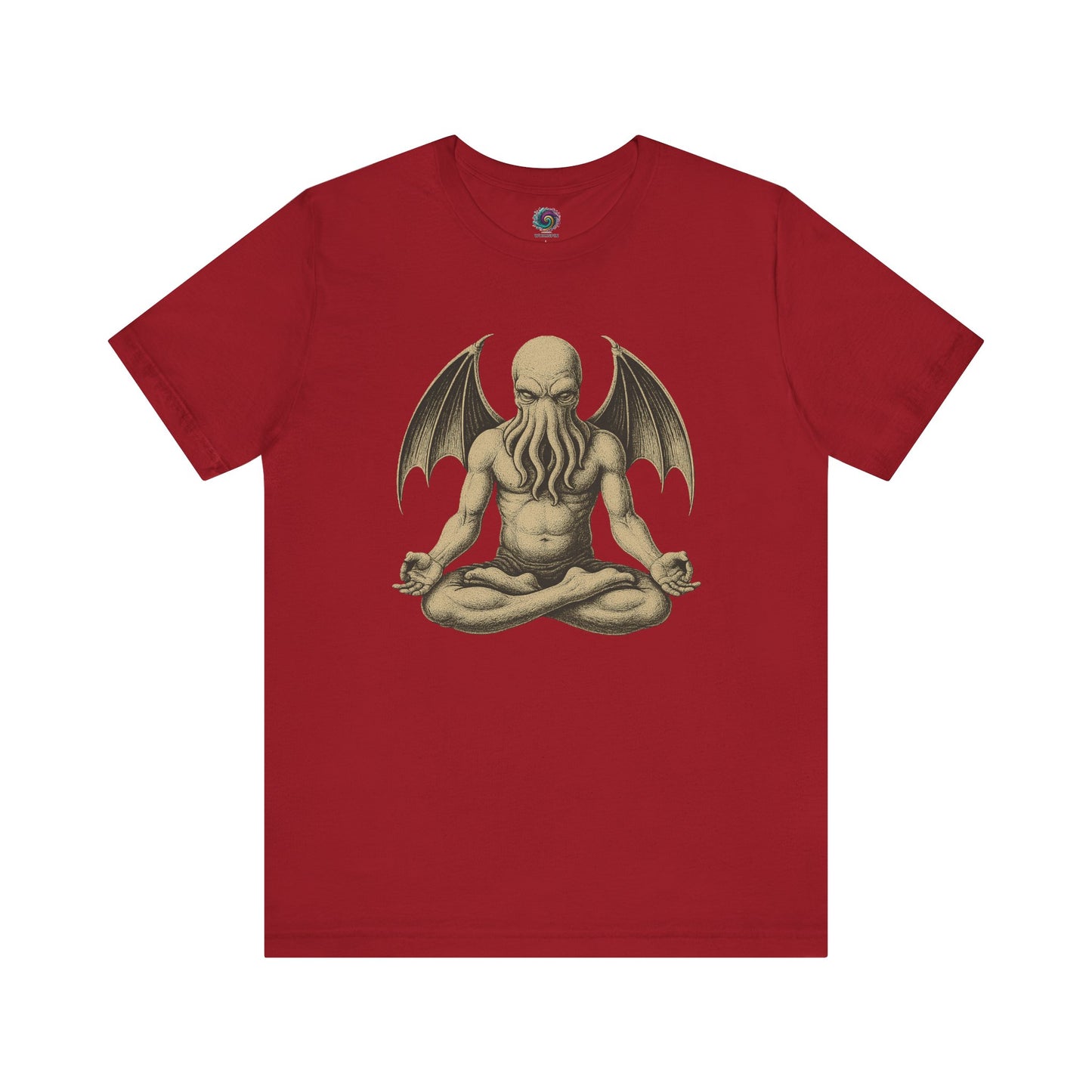 Meditating Cthulhu Shirt – Unisex Mythos Tee for Sci-Fi & Festival Fansin red, bold and eye-catching with its zen-inspired elder god graphic.