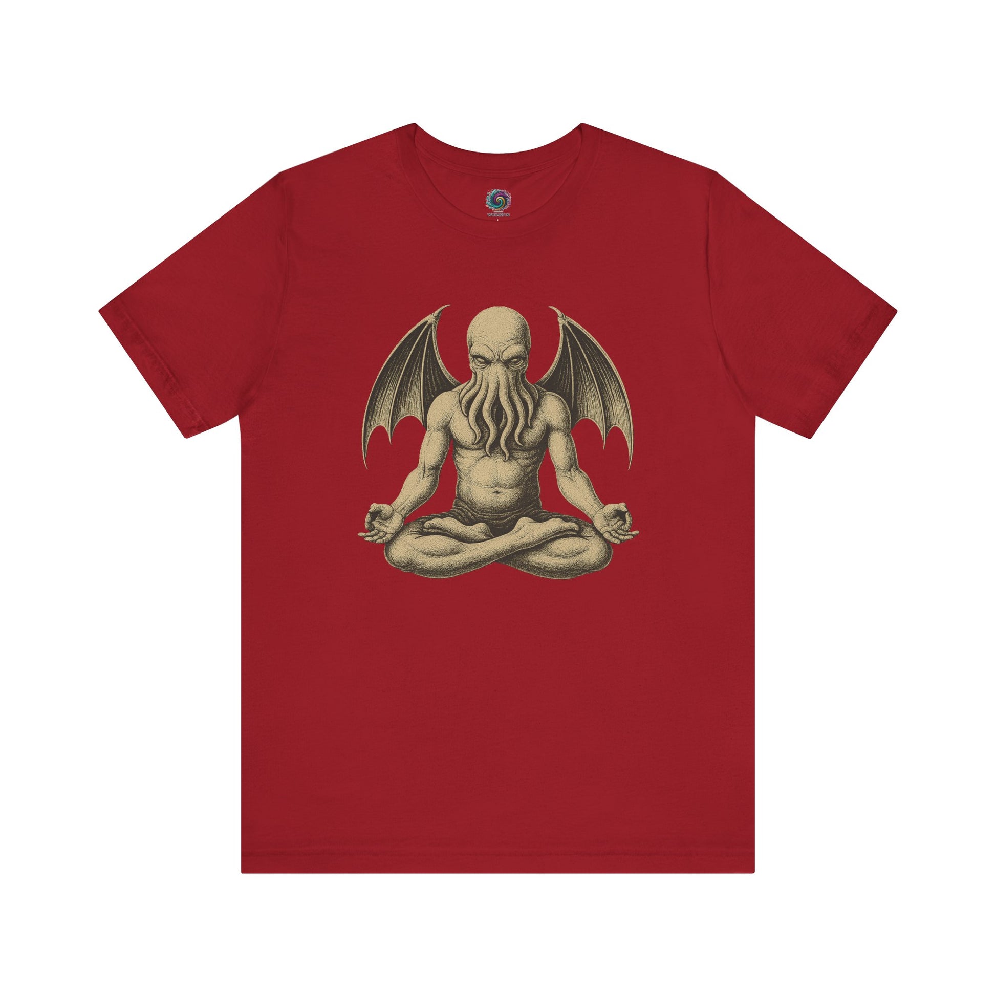 Meditating Cthulhu Shirt – Unisex Mythos Tee for Sci-Fi & Festival Fansin red, bold and eye-catching with its zen-inspired elder god graphic.