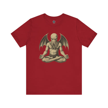 Meditating Cthulhu Shirt – Unisex Mythos Tee for Sci-Fi & Festival Fansin red, bold and eye-catching with its zen-inspired elder god graphic.