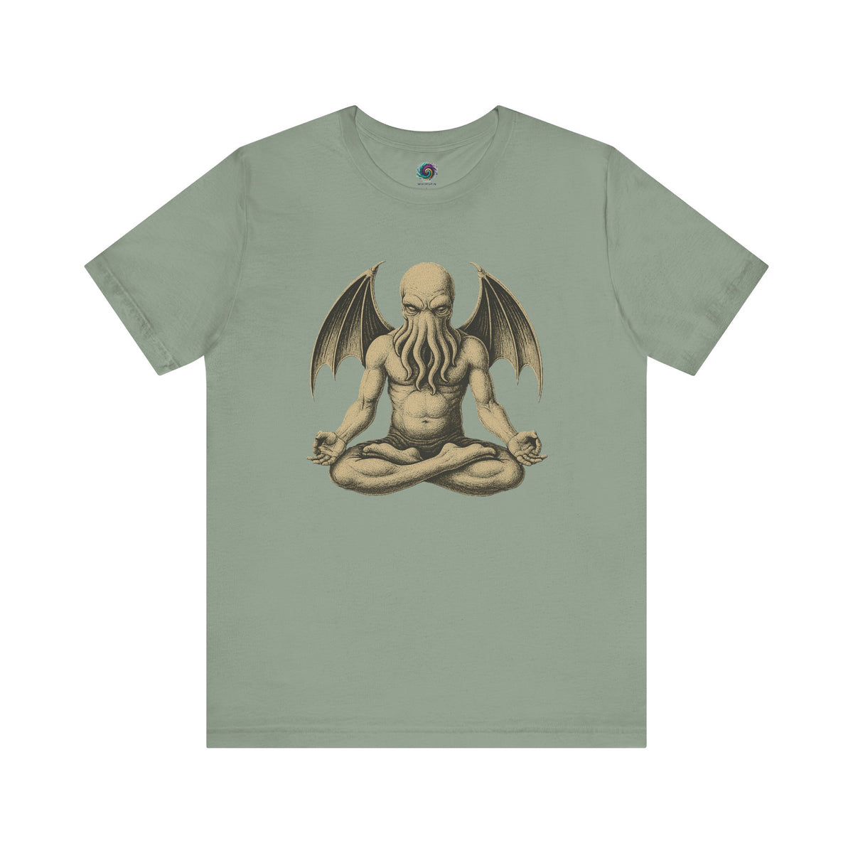 Meditating Cthulhu Shirt – Unisex Mythos Tee for Sci-Fi & Festival Fans in sage green, blending calming earth tones with eerie Cthulhu iconography in a peaceful pose.