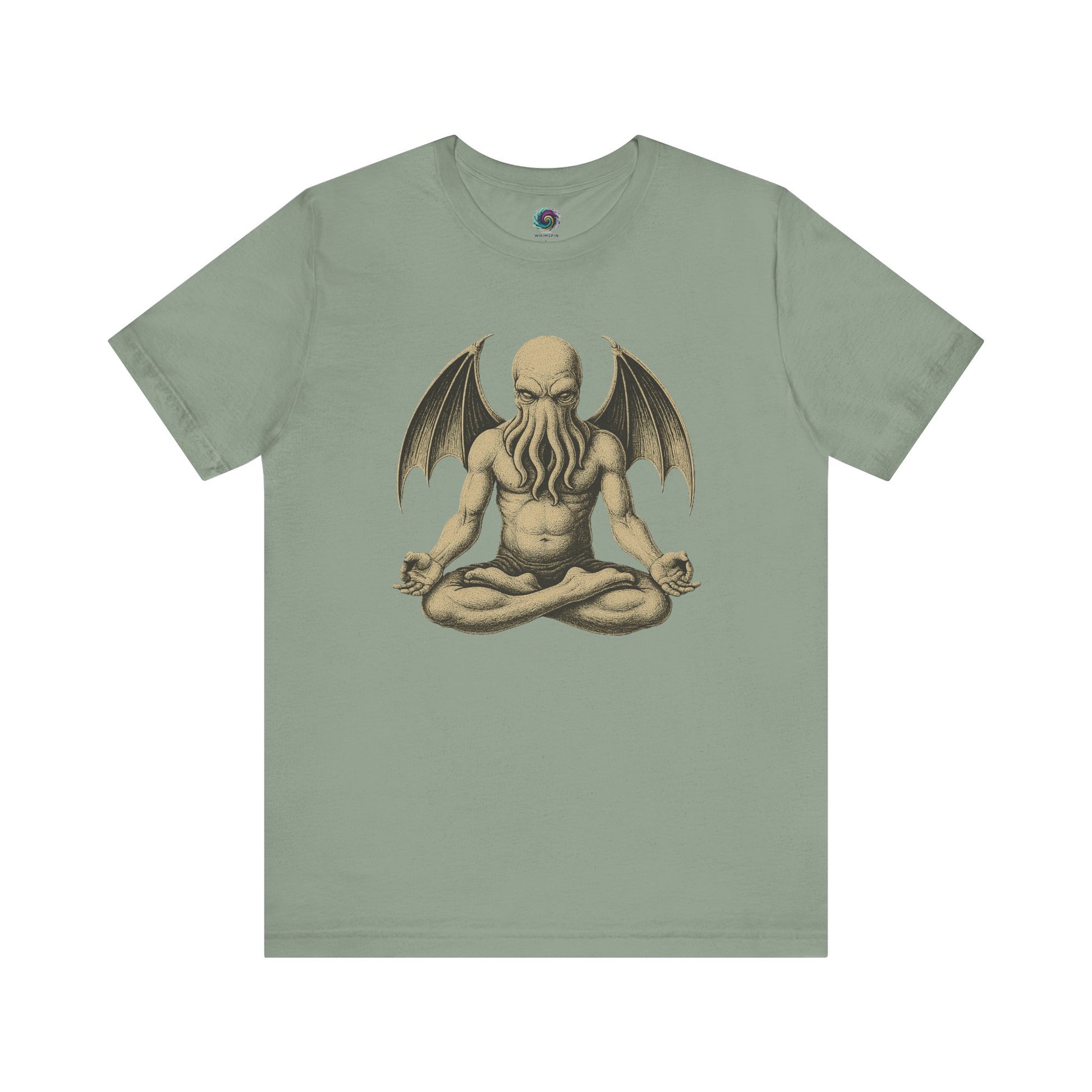 Meditating Cthulhu Shirt – Unisex Mythos Tee for Sci-Fi & Festival Fans in sage green, blending calming earth tones with eerie Cthulhu iconography in a peaceful pose.