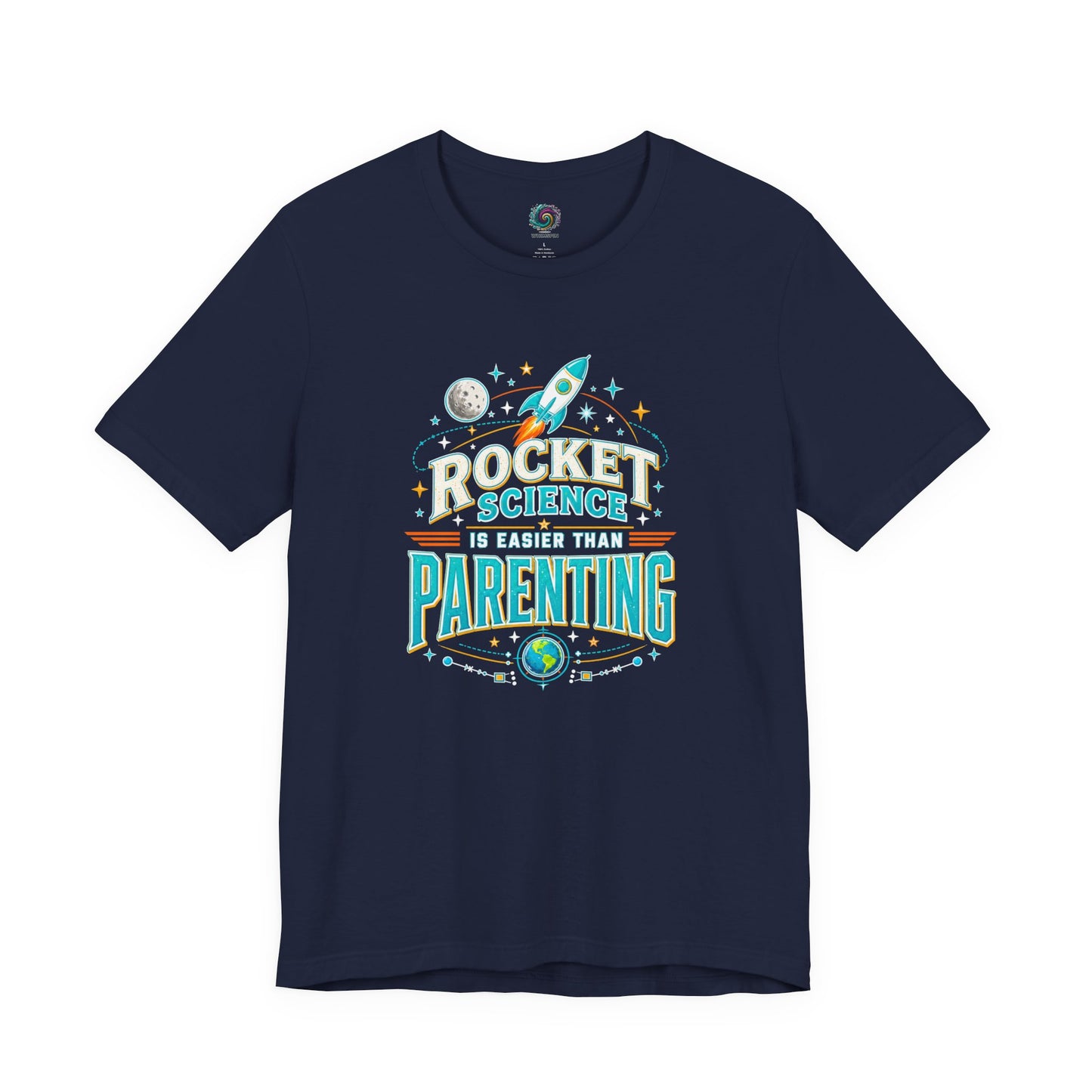 Rocket Science Parenting T-Shirt – Funny Aerospace Parent Tee on navy for parents who know bedtime can feel harder than rocket science.