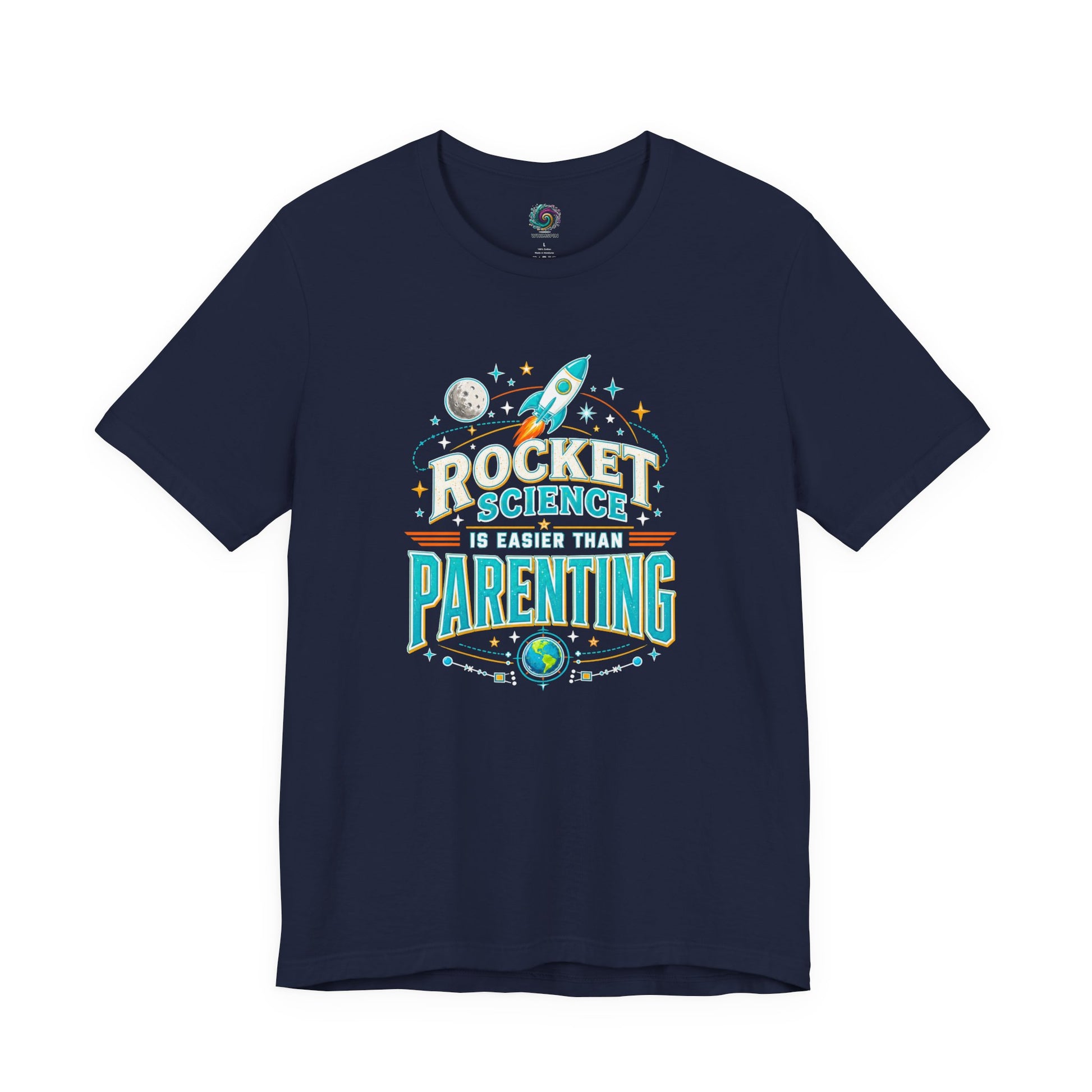 Rocket Science Parenting T-Shirt – Funny Aerospace Parent Tee on navy for parents who know bedtime can feel harder than rocket science.