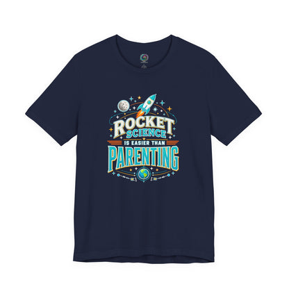 Rocket Science Parenting T-Shirt – Funny Aerospace Parent Tee on navy for parents who know bedtime can feel harder than rocket science.