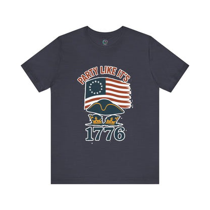 Navy blue t-shirt with 'Party Like It's 1776' graphic design featuring an American flag on a white background.