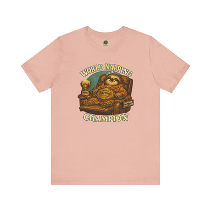 Peach World Napping Champion T-Shirt showcasing sleepy sloth artwork with humorous nap champion slogan and cozy vintage aesthetic