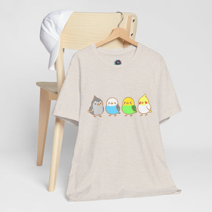 Natural Chirpy Flock Bird T-Shirt from WhimSpin 4 chibi cartoon pet birds lined up in a row. 