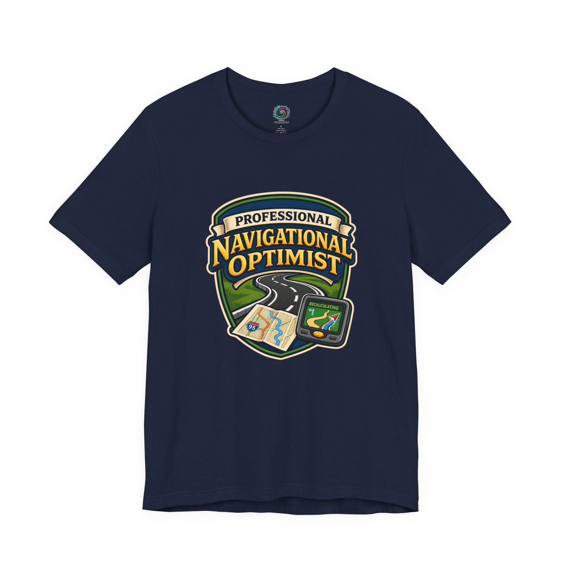 Navy Professional Navigation Optimist Tee showcasing retro-inspired road sign design for confidently lost drivers