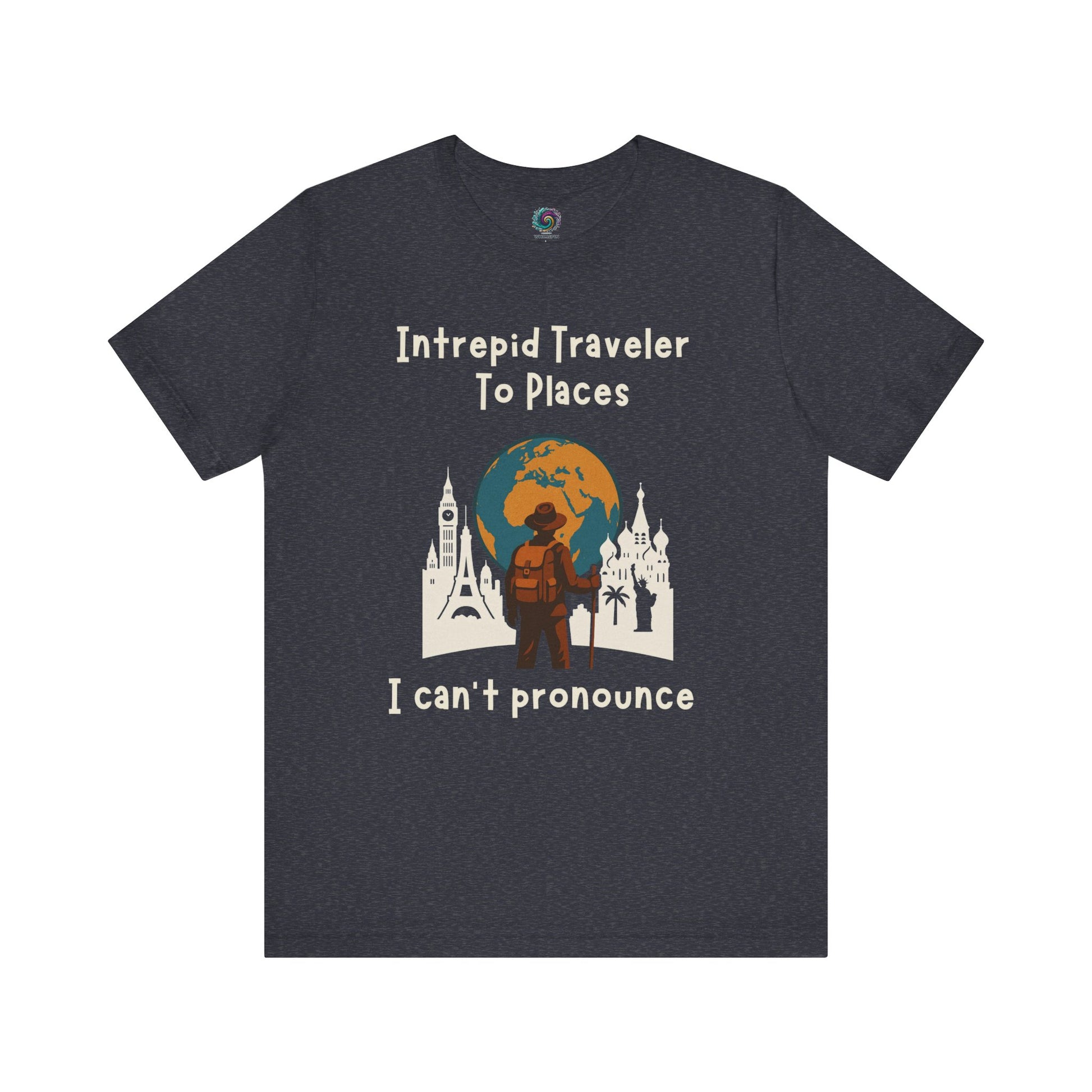 Navy blue t-shirt with a graphic design and text on a white background for international travelers