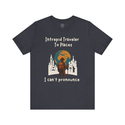 Navy blue t-shirt with a graphic design and text on a white background for international travelers