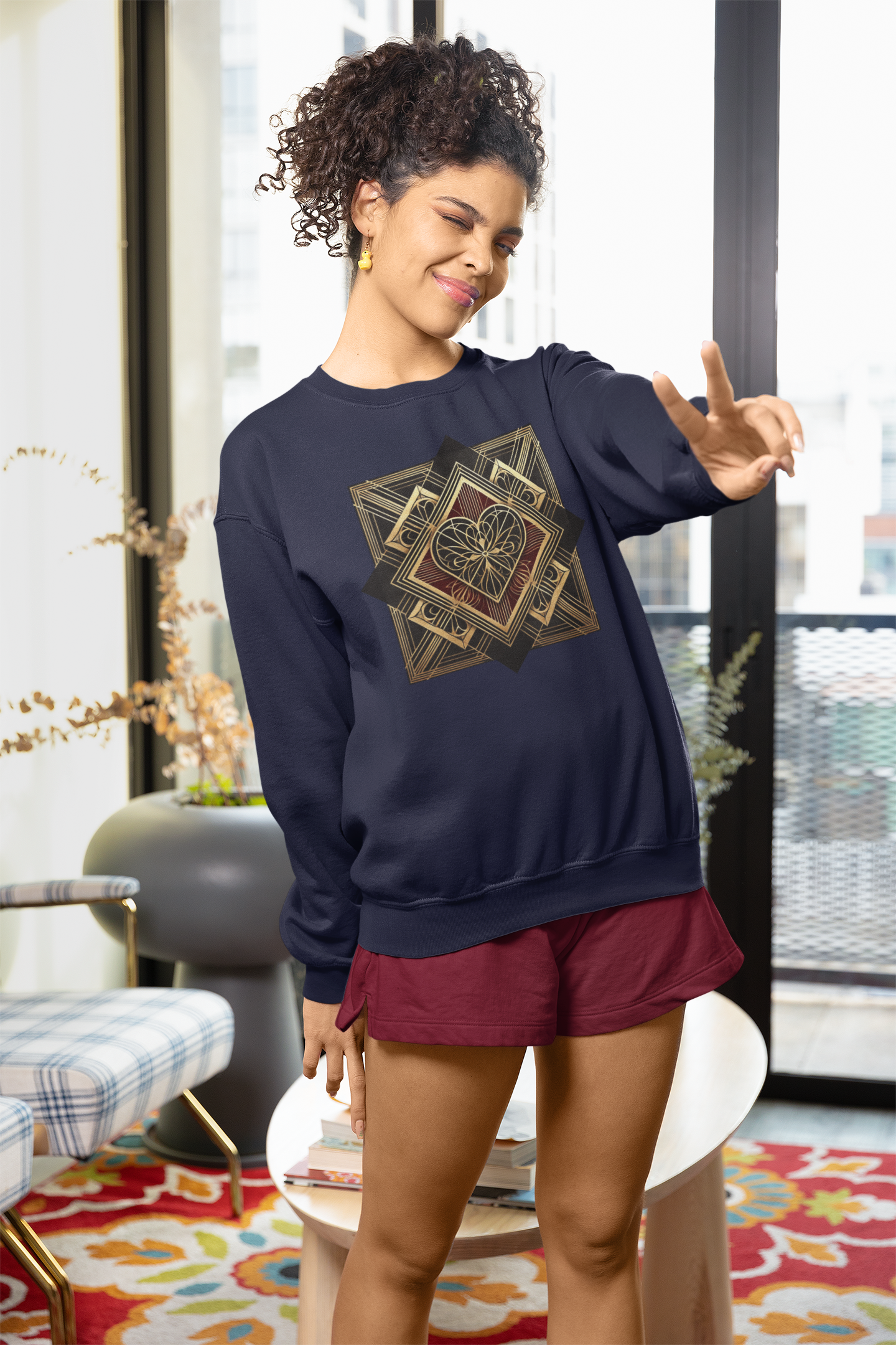 Art Deco Heart Sweatshirt – Romantic Valentine's Day Pullover in navy styled for a seasonal Valentine’s Day outfit, highlighting the geometric Art Deco heart graphic