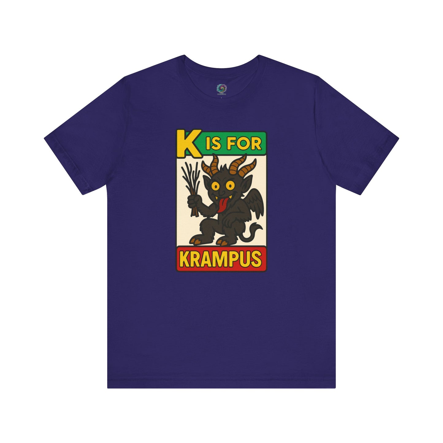 K is for Krampus Alphabet Holiday Graphic T-Shirt in Team Navy flat lay with classic Christmas devil design