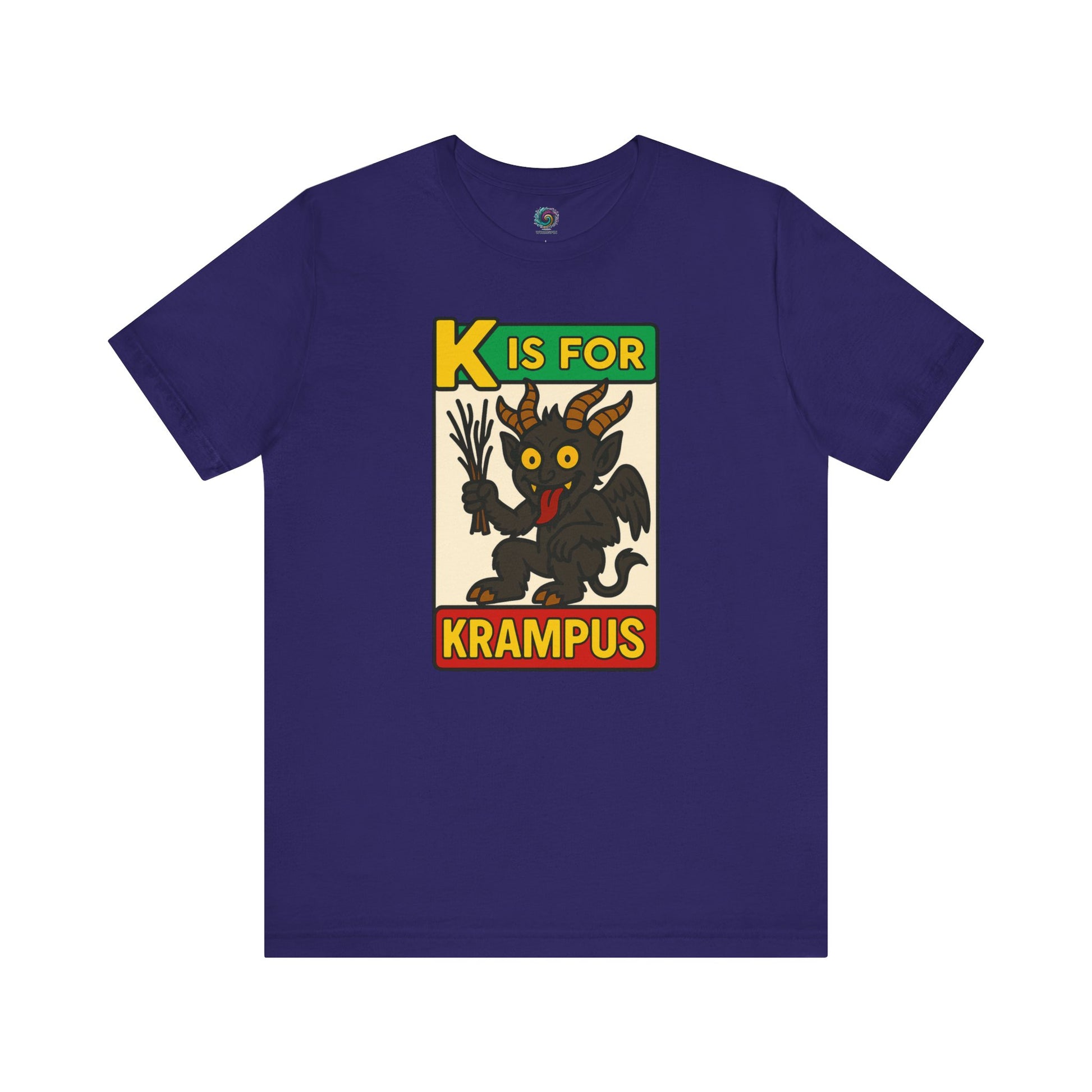 K is for Krampus Alphabet Holiday Graphic T-Shirt in Team Navy flat lay with classic Christmas devil design