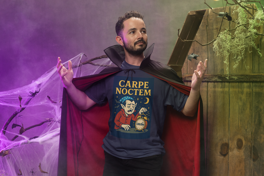 Man wearing a Dracula-themed t-shirt with 'Carpe Noctem' text and a vampire cape stands in a Halloween-themed setting.