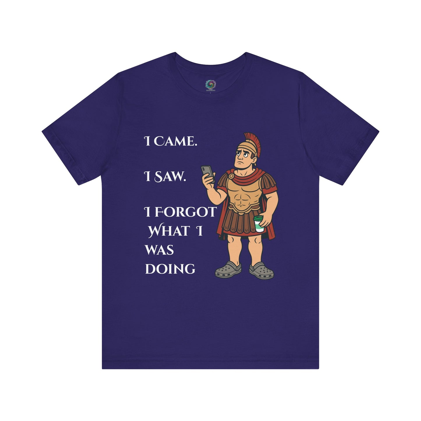Navy blue I Came, I Saw, I Forgot T-Shirt – Funny ADHD-Inspired Tee with a Roman soldier graphic and humorous text on a white background