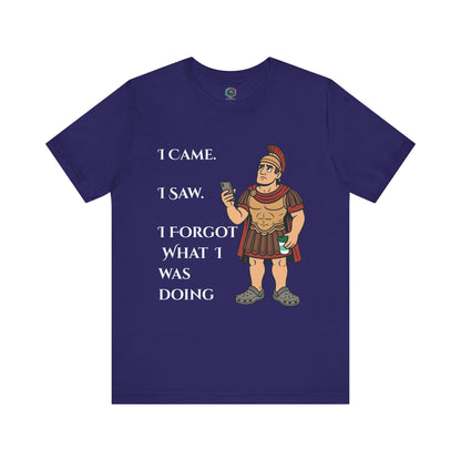 Navy blue I Came, I Saw, I Forgot T-Shirt – Funny ADHD-Inspired Tee with a Roman soldier graphic and humorous text on a white background