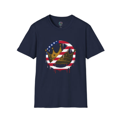Navy No Kings Protest T-Shirt from WhimSpin with a graphic design featuring a crown with the "no" slashed circle symbol drawn in an American flag pattern on a white background