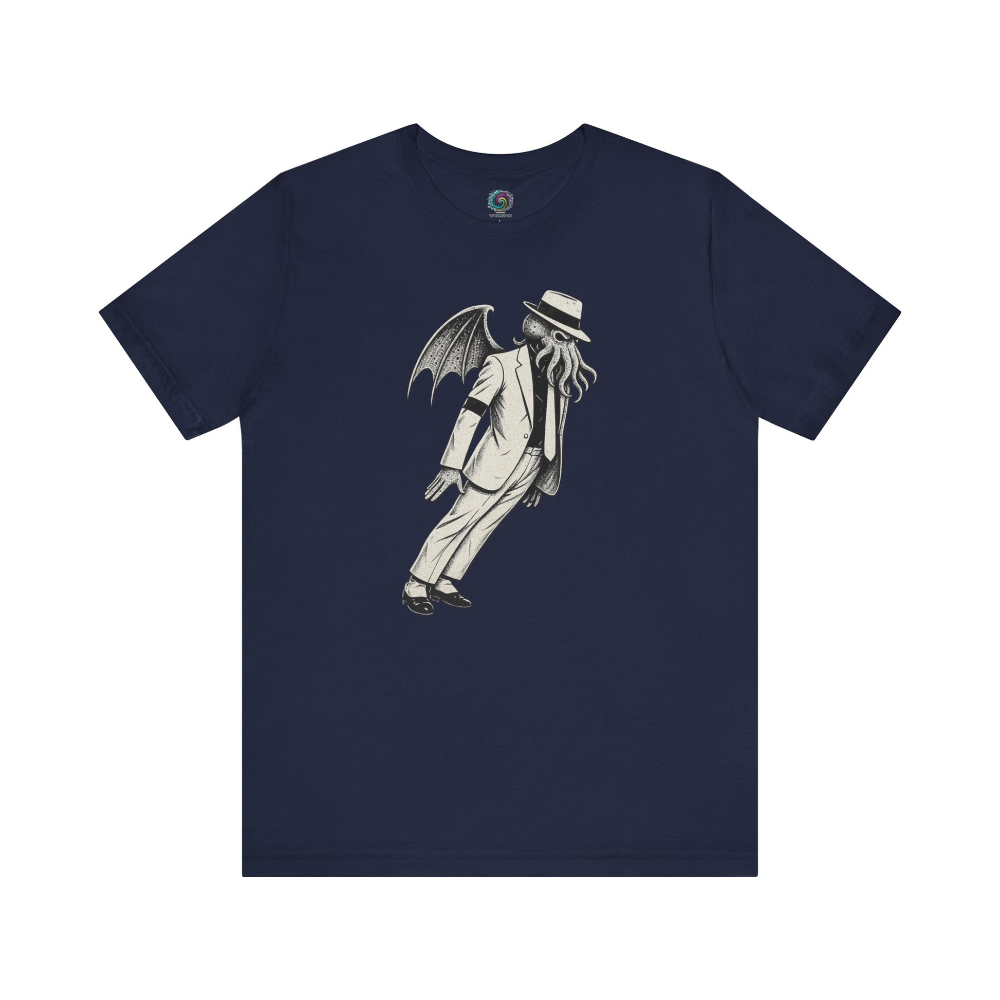 Smooth Cthulhu Unisex T-Shirt – Lovecraft Meets Smooth Criminal Style in navy, flat lay Cthulhu Michael Jackson parody.