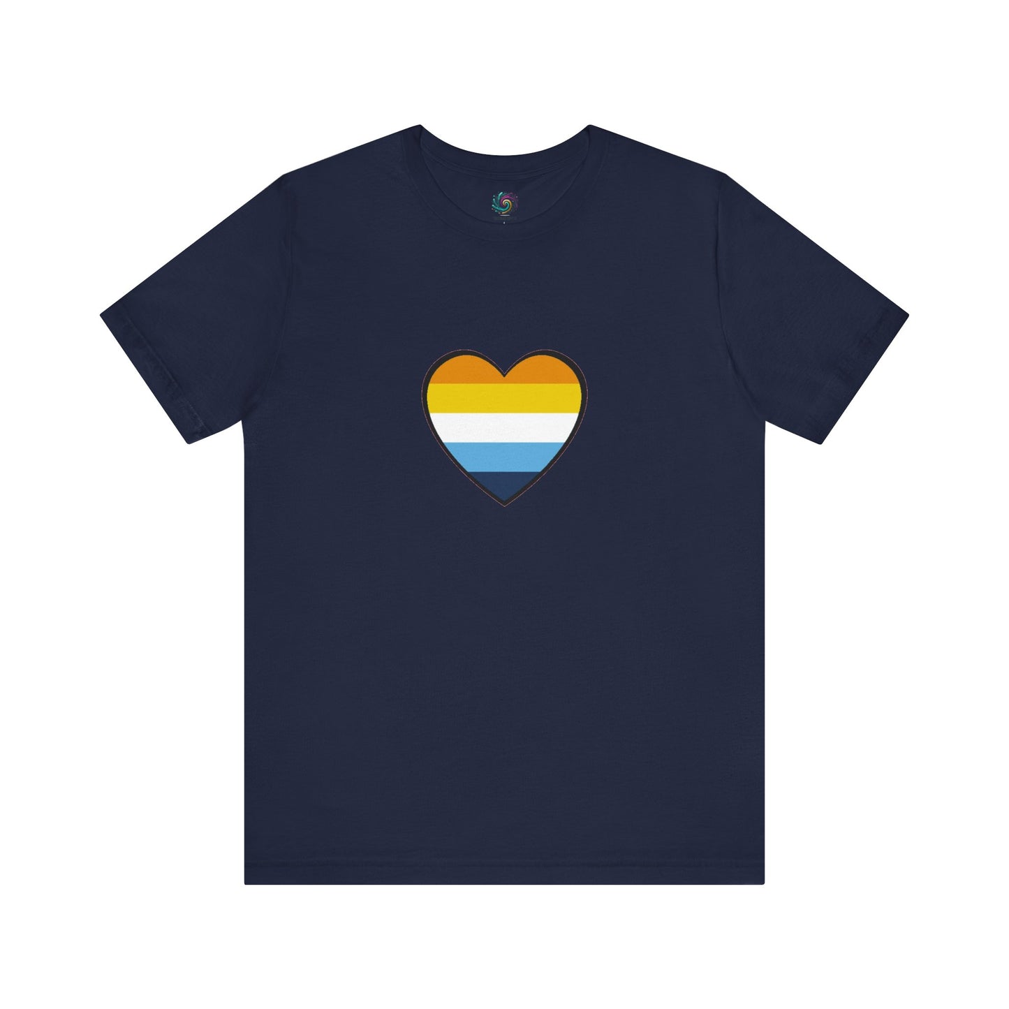 Navy AroAce Flag Heart T-shirt from WhimSpin. The shirt is navy with a heart drawn in the center made up of dark orange, light orange, white, turquoise, and navy blue stripes.