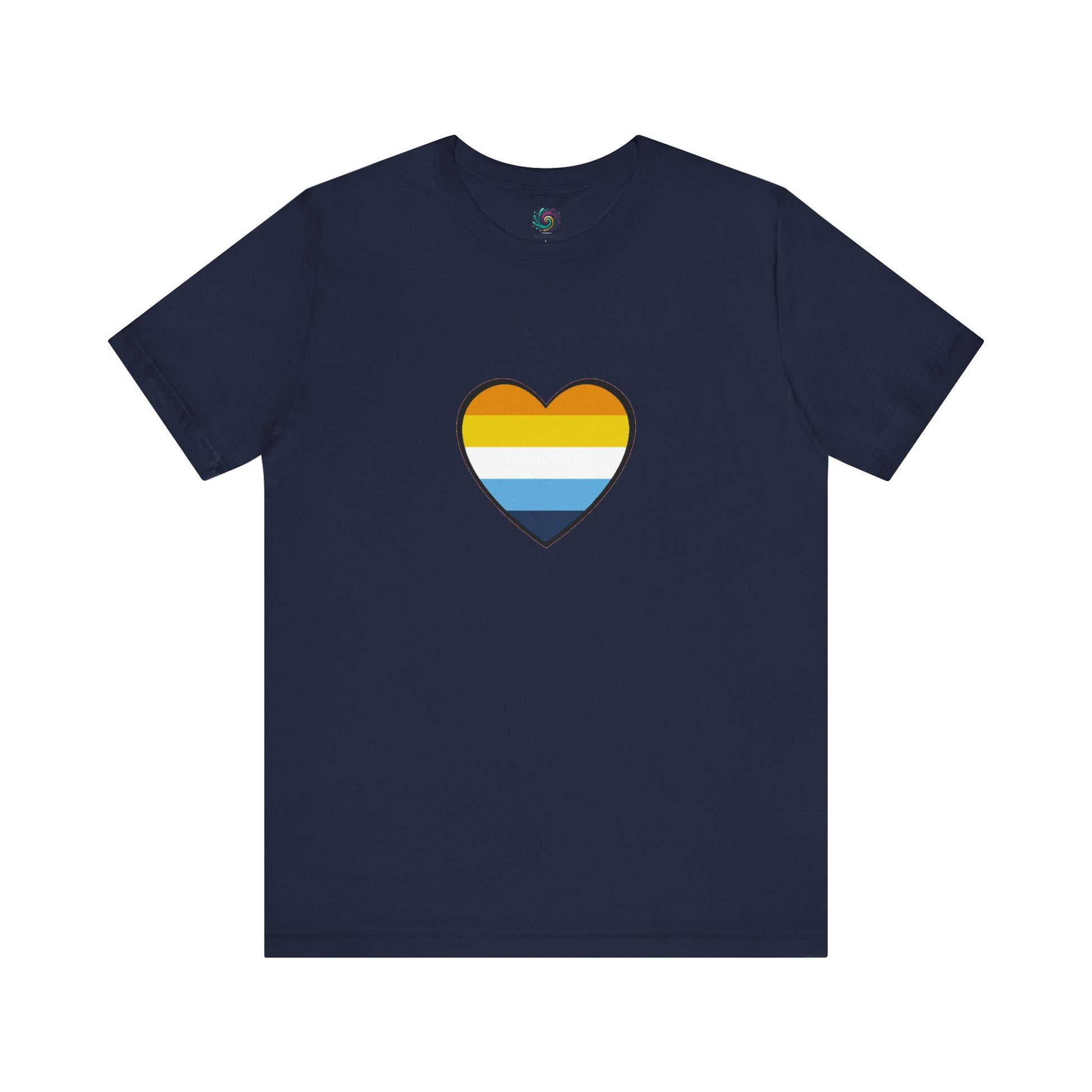 Navy AroAce Flag Heart T-shirt from WhimSpin. The shirt is navy with a heart drawn in the center made up of dark orange, light orange, white, turquoise, and navy blue stripes.