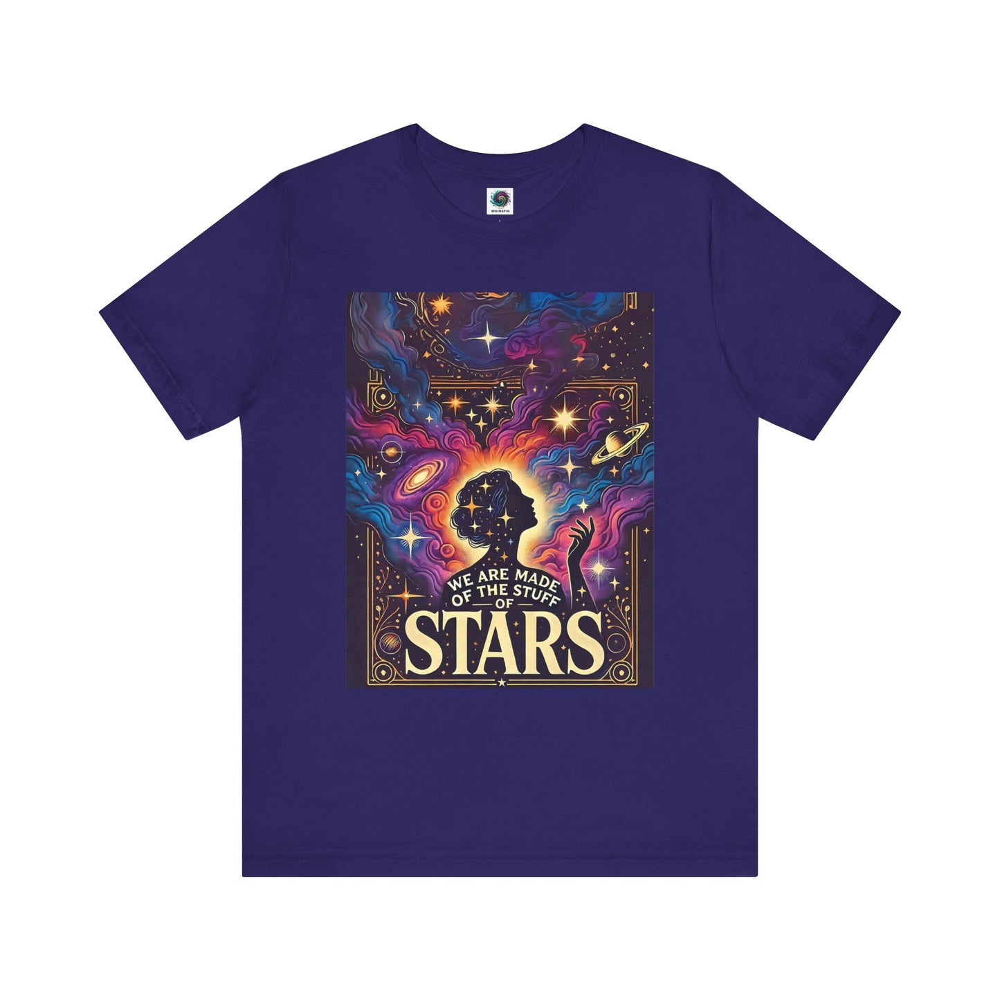 Team navy cosmic shirt with dreamy celestial design and silhouette reaching into space — cosmic t shirts for astrology and stargazing lovers
