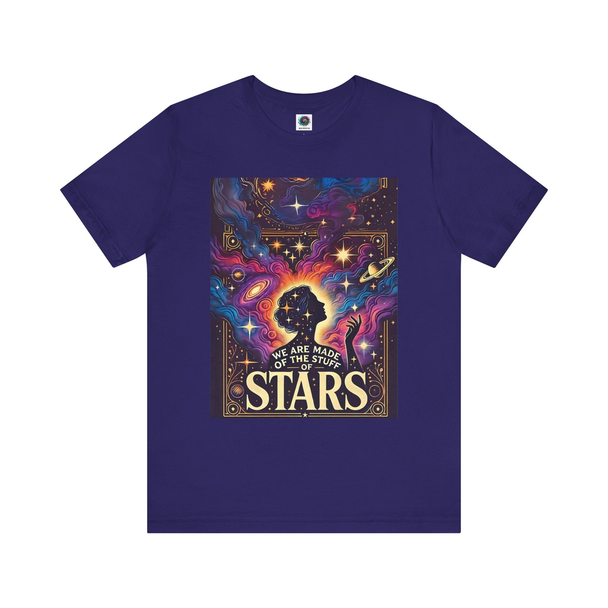 Team navy cosmic shirt with dreamy celestial design and silhouette reaching into space — cosmic t shirts for astrology and stargazing lovers