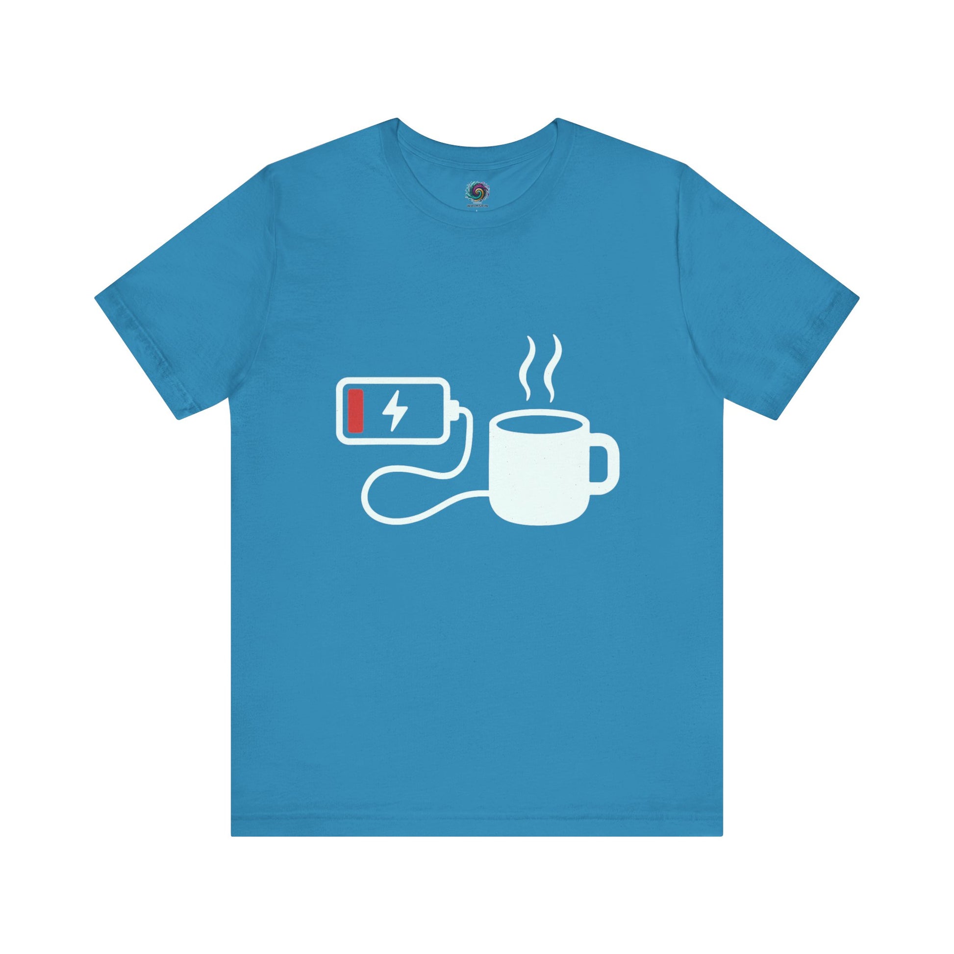 Low Battery Need Coffee T-Shirt in aqua, a funny coffee shirt with power cable graphic for caffeine lovers.