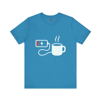 Low Battery Need Coffee T-Shirt in aqua, a funny coffee shirt with power cable graphic for caffeine lovers.