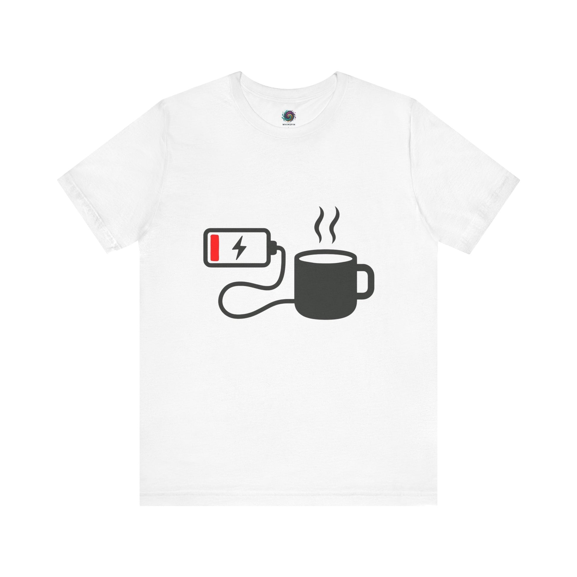 Low Battery Need Coffee T-Shirt in white, blending humor and relatable caffeine fatigue for sleepy mornings.