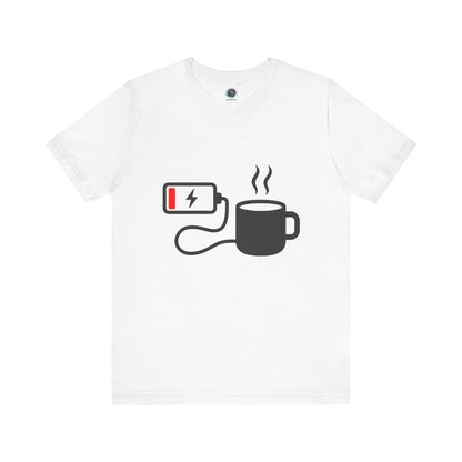 Low Battery Need Coffee T-Shirt in white, blending humor and relatable caffeine fatigue for sleepy mornings.
