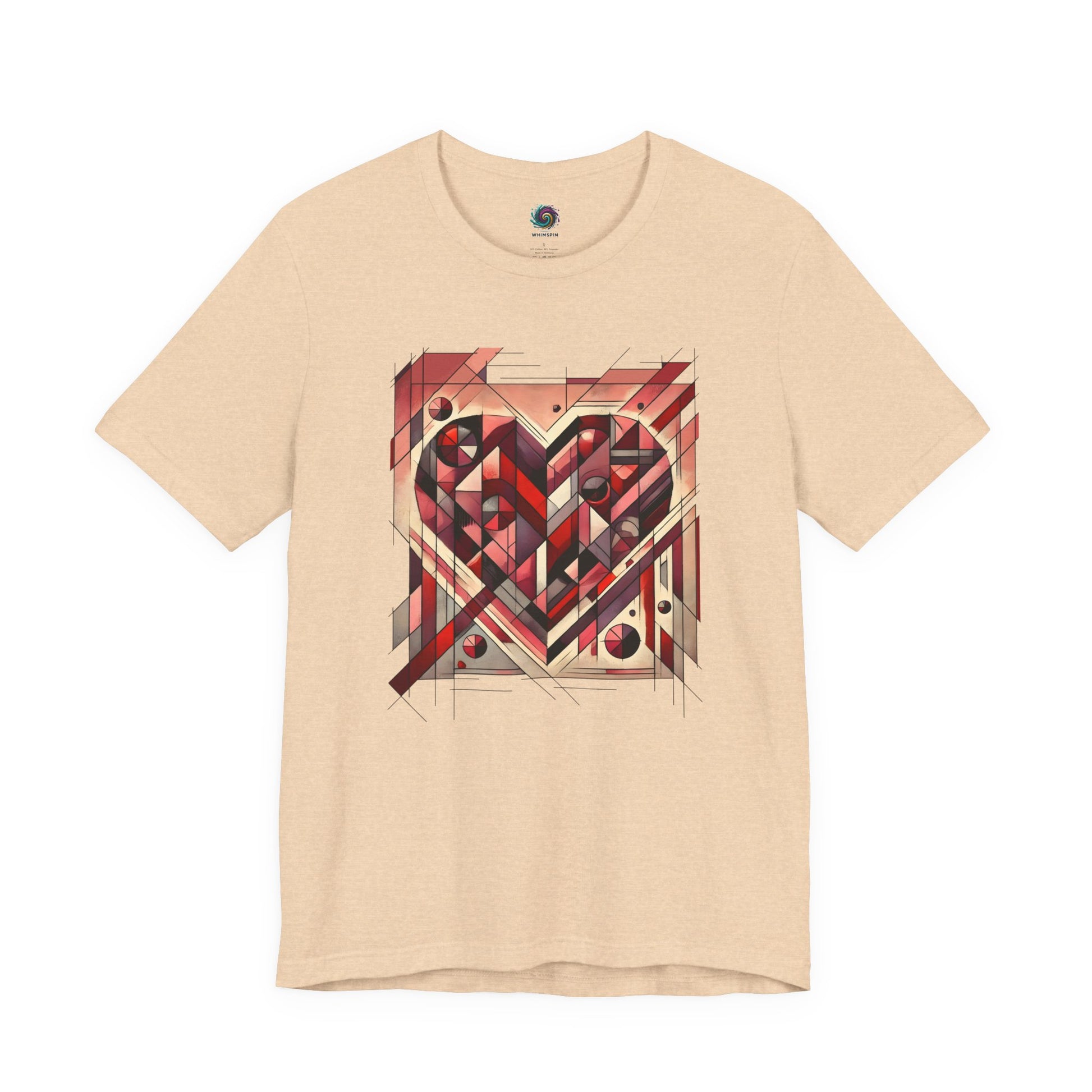 Cubist Heart T-Shirt – Modern Art Valentine's Day Graphic Tee in Heather Sand Dune, highlighting cubist heart artwork with understated modern art warmth.