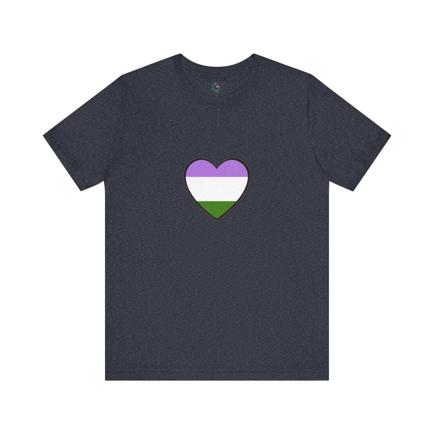 Genderqueer Flag Heart T-Shirt – Unisex LGBTQ+ Graphic Tee in heather navy with genderqueer flag heart, blending bold pride with a classic wardrobe staple.