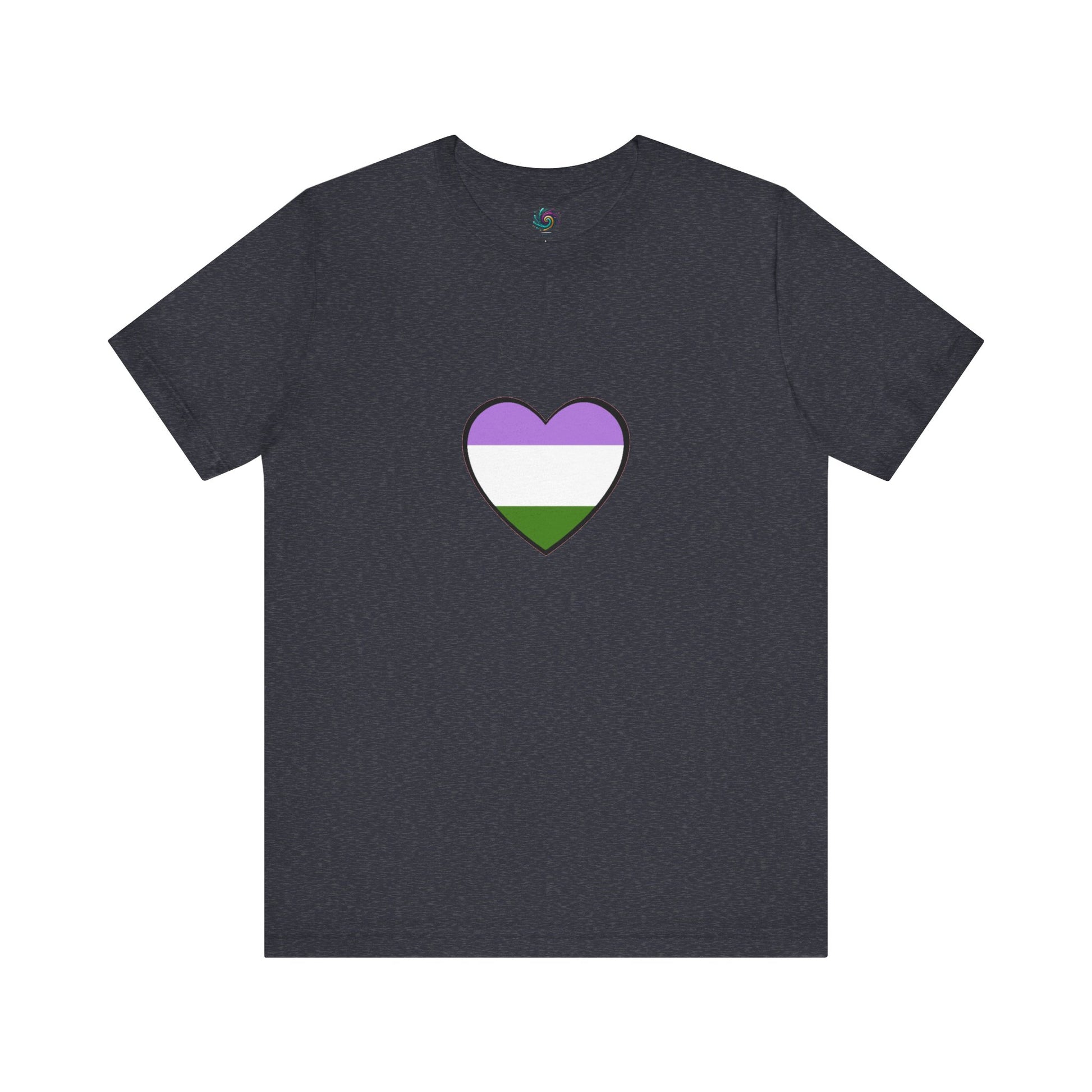 Genderqueer Flag Heart T-Shirt – Unisex LGBTQ+ Graphic Tee in heather navy with genderqueer flag heart, blending bold pride with a classic wardrobe staple.