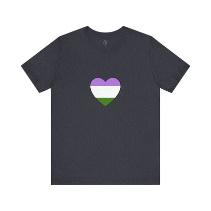Genderqueer Flag Heart T-Shirt – Unisex LGBTQ+ Graphic Tee in heather navy with genderqueer flag heart, blending bold pride with a classic wardrobe staple.