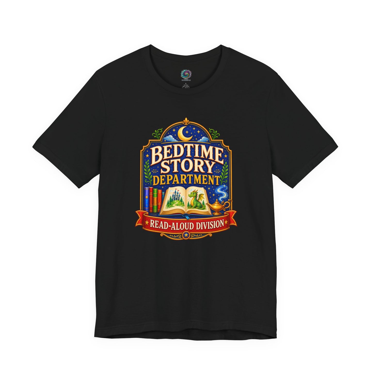 Bedtime Story Department T-Shirt – Read-Aloud Parent Tee on black with a bedtime reading design for the official page-turner.