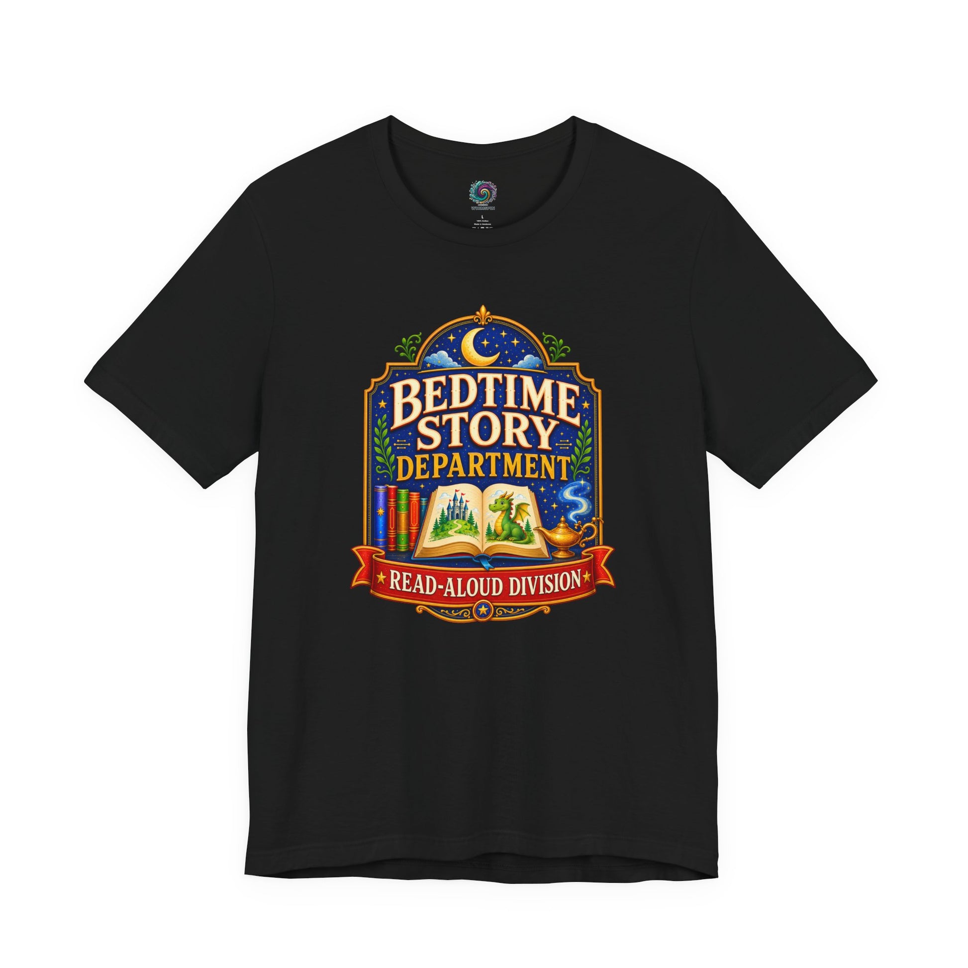 Bedtime Story Department T-Shirt – Read-Aloud Parent Tee on black with a bedtime reading design for the official page-turner.