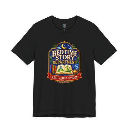 Bedtime Story Department T-Shirt – Read-Aloud Parent Tee on black with a bedtime reading design for the official page-turner.