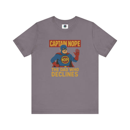Captain Nope Dad Shirt in storm grey, a comic-style graphic tee with strong parenting humor vibes.